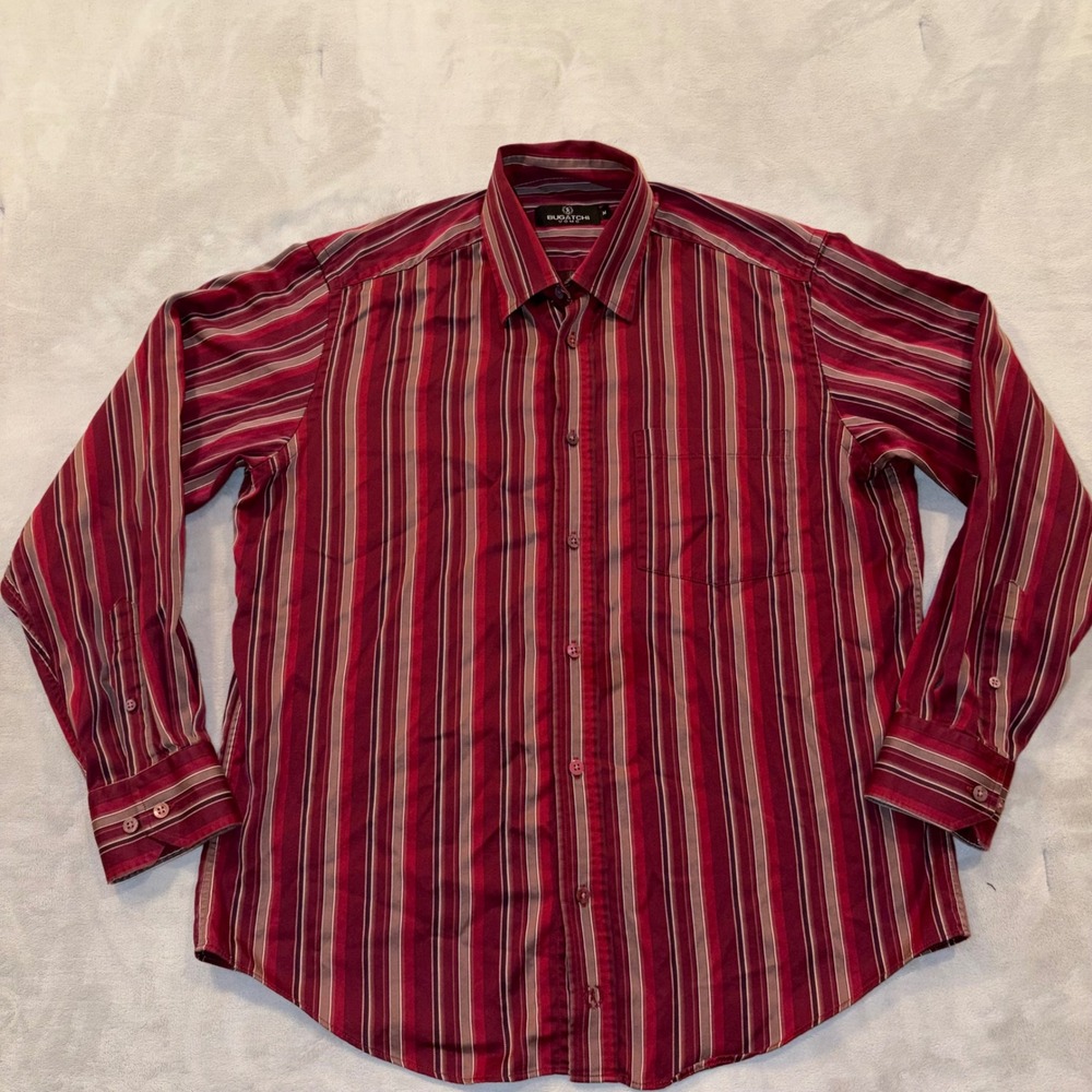 Bugatchi Uomo Mens Medium‎ Red Burgundy Striped Long Sleeve Button Down Shirt